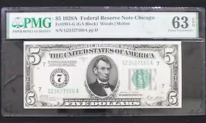 $5 1928A 連邦準備金紙シカゴ / 宝石未流通 - PMG 63EPQ - FR 1951G|WORLD RESOURCE【KING店】