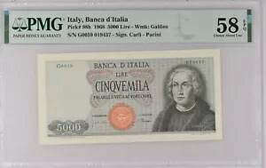 イタリア Banca d'Italia P98b 1968 5000 リラ コロンバス、Choice AU 58 EPQ|WORLD RESOURCE【KING店】