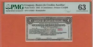 ウルグアイ、BANCO CREDITO AUXILIAR S161r 4 センテシモス 1887 トップ ポップ PMG63 ??最高級｜WORLD RESOURCE【KING店】