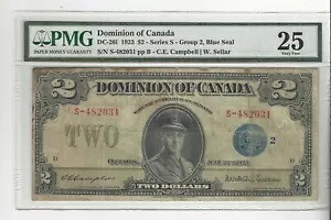 1923年 カナダ自治領 DC-26i、$2 カム/セル SN S-482031 ブルー シル Gr 2、PMG VF-25｜WORLD RESOURCE【KING店】