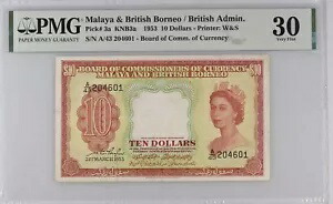 マラヤ＆イギリス領ボルネオ 10ドル 1953年 P 3a VF PMG 30