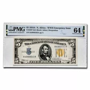 1934-A $5.00 イエローシール 北アフリカ CU-64 EPQ PMG (Fr#2307)