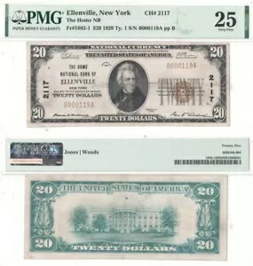 1929年 20ドル ニューヨーク PMG VF-25 ザ・ホーム・ナショナル・バンク エレンビル チャーター 2117