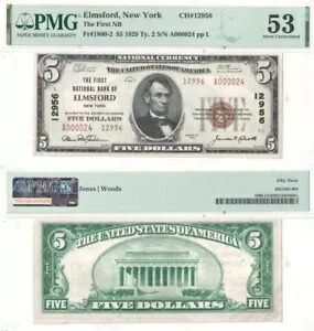 1929年 5ドル ニューヨーク PMG AU-53 ファーストナショナルバンク エルムズフォード チャーター 12956｜WORLD RESOURCE【KING店】