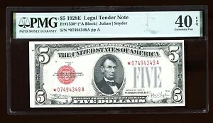 DBR 1928-E $5 リーガル STAR Fr. 1530* PMG XF-40 EPQ シリアル *07494349A