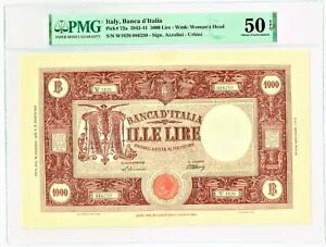 イタリア Banco d'Italia 1000 リラ 1943 年 8 月 10 日 Pick 72a PMG 約未使用 50 EPQ。