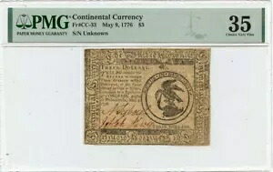 1776年5月9日 3ドル大陸通貨 CC-33 PMG VF35|WORLD RESOURCE【KING店】