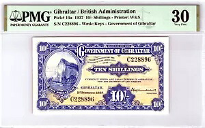 ジブラルタル 10シリング 1937年 ピック番号14a PMG 30 非常に良い｜WORLD RESOURCE【KING店】