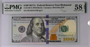 ほぼ無垢の 44444144 ファンシーシリアルナンバー 4 の RICHMOND $100 2017 素晴らしい発見! 185,900円