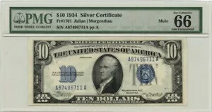 1934年 10ドル銀貨証明書 ブルーミュール Fr# 1701 PMG GEM 66 EPQ