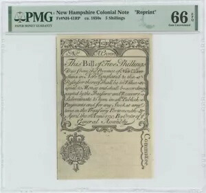 1737年 ニューハンプシャー州 5シリング NH-41 PMG GEM 66 EPQ 1850年頃「コーエン」再版