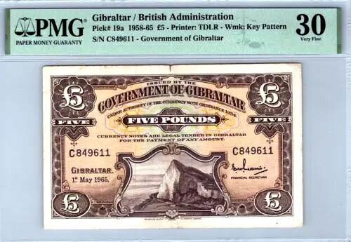 ジブラルタル 5ポンド 1965年 ピック番号19a PMG 30 非常に良い