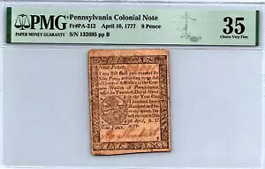 1777年植民地通貨ペンシルバニア州9ペンス金貨 PA-212 PMG 35 VF
