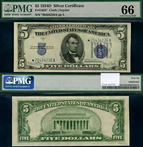 FR. 1654* $5 1934-D 銀証明書 ワイド I *-A ブロック ジェム PMG CU66 スター