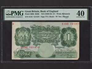 イギリス：P-369b、1ポンド、1949-55 *印刷エラー* PMG EF 40 * 201,850円