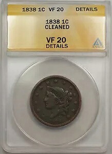 1838年 ラージセント 1セント硬貨 ANACS VF 20 詳細クリーニング済み (C) 57,420円