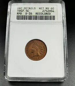 1907年 P インディアン セントペニーコイン ANACS Unc 詳細 RPD S-26 再打ち抜き日付