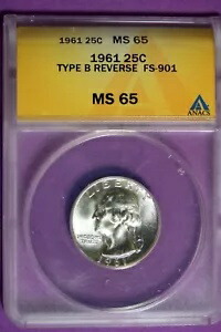 1961年 - ANACS MS65 タイプB REV FS-901 ワシントンクォーター！ #B28692