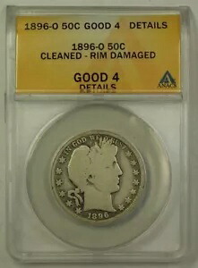 1896-O 米国バーバーシルバーハーフドル50セントコイン ANACS G-4 詳細クリーニング済みリムダメージ
