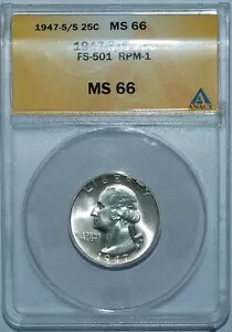 1947 S/S FS-501 ANACS MS66 ワシントンクォーター RPM-001 ミントマーク再パンチ