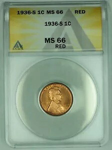 1936-S リンカーン ウィート セント 1C コイン ANACS MS 66 RD (20)