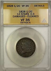 1828 13 スター クラシック ヘッド 1/2c コイン C-3 ANACS VF-35 詳細ダメージありクリーニング済み