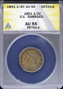 1851 P 1/2c 編み込みヘア ハーフセント ANACS AU 55 詳細 | C-1 78,650円