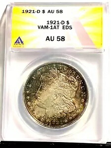 #A9062、モーガン シルバー ダラー ANACS 1921 D AU58 めったに見られないヴァム 1AT EDS