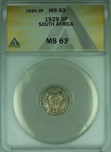 1929 年 南アフリカ 3 ペンス銀貨 ANACS MS-63 (WB1)｜WORLD RESOURCE【KING店】