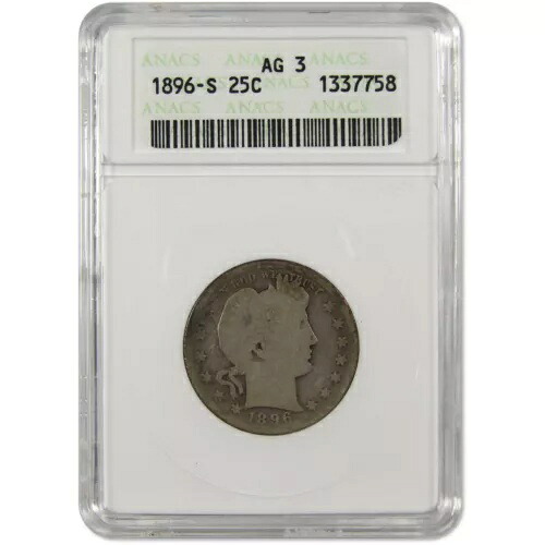 1896 S バーバー クォーター AG 3 ANACS 90% シルバー 25c コイン SKU:I9483