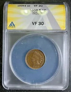 ANACS VF30 1909-S インディアン セント レア タフ キー サンフランシスコ 日付認定 A0