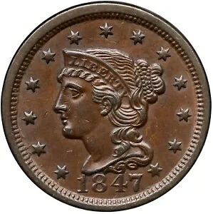 1847 N-23 R-5 ANACS AU 55 編み込みヘア ラージ セント コイン 1c｜WORLD RESOURCE【KING店】