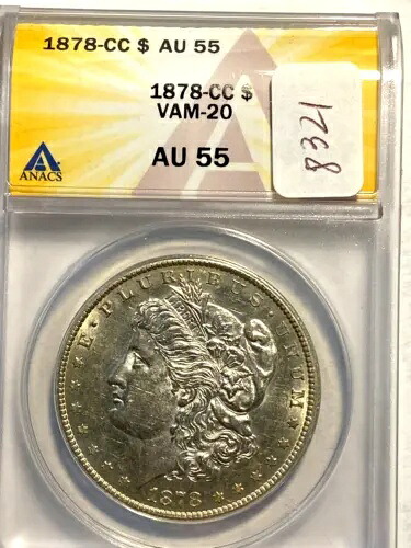 #A8321.ANACS モーガン シルバー ダラー 1878 CC まれに見られるバム 20 AU55