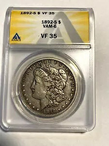#A8145、ANACS モーガン シルバー ダラー 1892 S VF35 キー日付