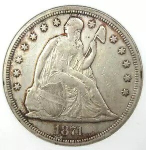 1871 年着席リバティ銀貨 1 ドル硬貨。認定 ANACS AU 詳細 - レアコイン