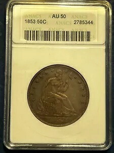 1853 アローズ&レイズ シーテッド リバティ ハーフダラー、ANACS AU50 グレード