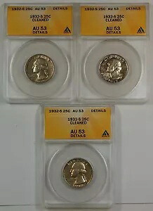 1932-S シルバー ワシントン 25c、ANACS AU-53、詳細 *ワンコインのみの価格*