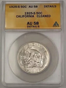 1925-S 米国カリフォルニア記念シルバー 50c コイン ANACS AU-58 詳細クリーニング済み|WORLD RESOURCE【KING店】