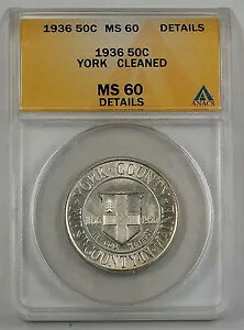 1936 ヨーク カウンティ記念シルバー ハーフ ANACS MS 60 ディテール クリーニング済み (良好)｜WORLD RESOURCE【KING店】