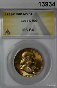 1963 D フランクリン ハーフ ANACS 認定 MS64 レインボー ネオン 2 面カラー #13934|WORLD RESOURCE【KING店】