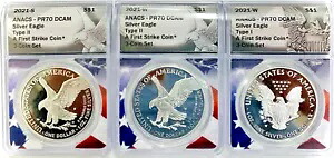 2021 プルーフ アメリカン シルバー イーグル タイプ 1 & 2 ANACS PR 70 DCAM 3 コイン セット