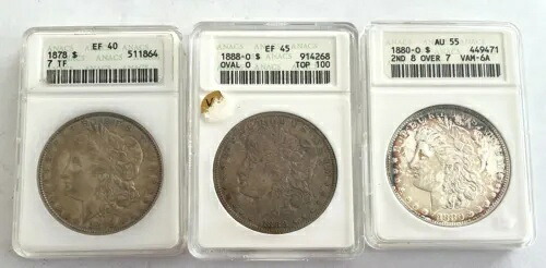 3-----モーガンシルバードル1888-O EF45,1888-O 2ND 8/7 AU55,1878 7TF EF40,anacs