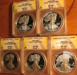 Silver Eagle 5 個、1 ロット、オール グレード プルーフ DCAM ANACS PR66 PR68 および 3 PR69｜WORLD RESOURCE【KING店】