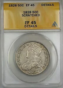 1828 キャップ付きバスト シルバー ハーフダラー 50c コイン ANACS EF-45 詳細 スクラッチ PRX｜WORLD RESOURCE【KING店】 189,750円