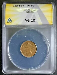 ANACS VG10 1909-S インディアン セント レア タフ キー サンフランシスコ デート アンダーグレード! A0