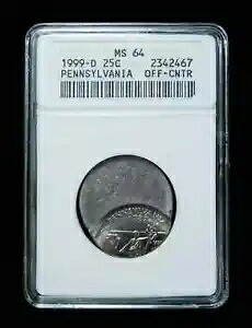 1999-D 25c ペンシルベニア州クォーター - ANACS MS64 オフセンターストライクミントエラー