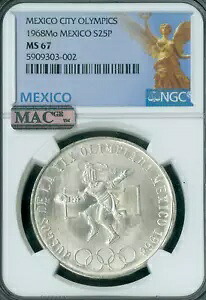 1968 メキシコ シルバー 25 ペソ NGC MS67 PQ MAC スポットレス ブルー ラベル *｜WORLD RESOURCE【KING店】