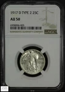 1917 D タイプ 2 スタンディング リバティ シルバー クォーター 25C NGC AU 50|WORLD RESOURCE【KING店】