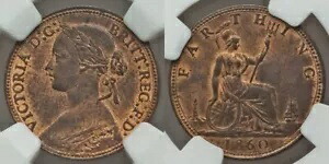 1860 年 ブロンズ コイン イギリス ファーシング ヴィクトリア女王 桂冠胸像 NGC MS63 RB｜WORLD RESOURCE【KING店】 103,950円