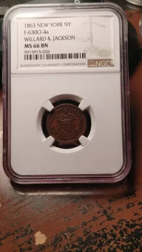 1863 NY ニューヨーク ストア カード トークン Willard & Jackson F-630CI-4a NGC MS66 BN 1541|WORLD RESOURCE【KING店】